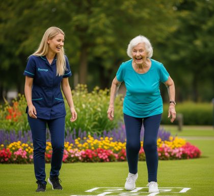 Seniorin und Alltagsbegleiterin genieẞen einen begleiteten Spaziergang in der Natur