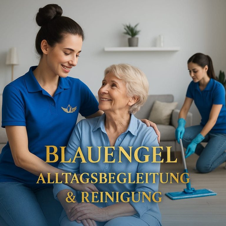 Eine jüngere Frau hilft einer älteren Frau, während eine weitere Person putzt.
